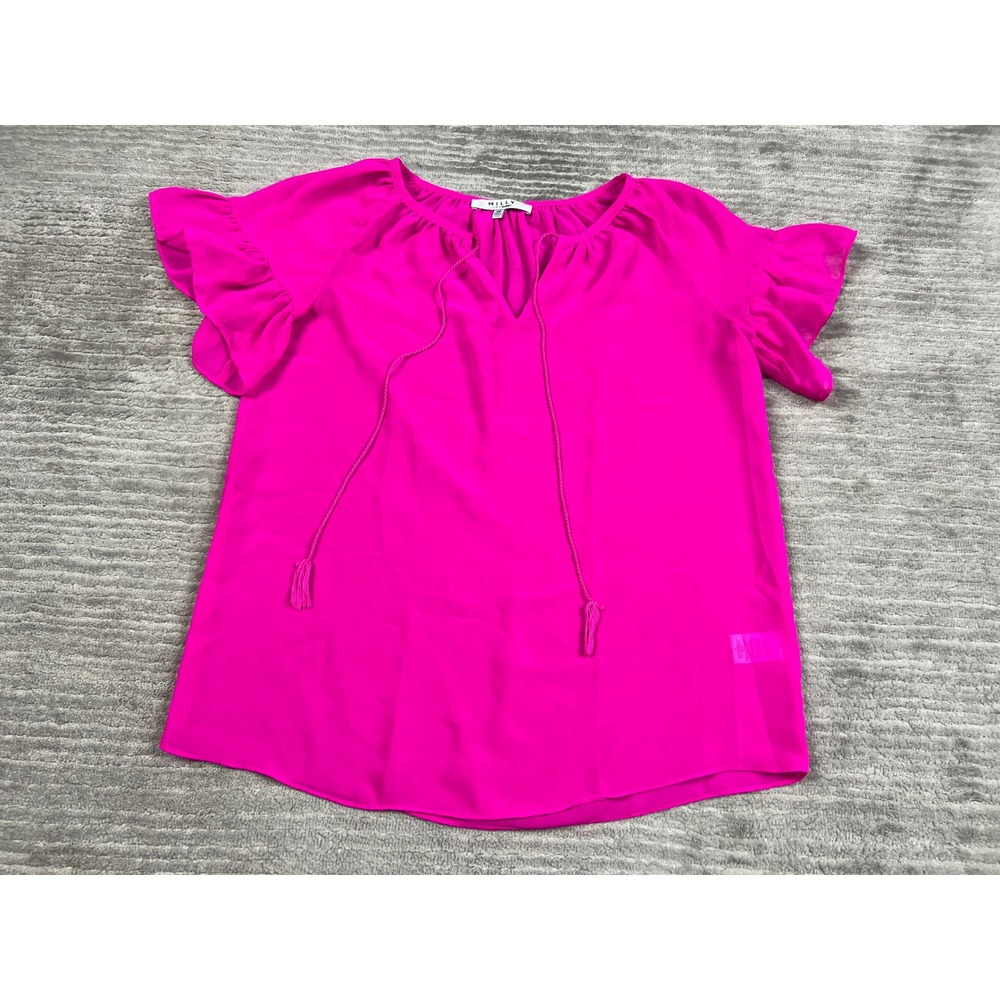 Milly Blouse Womens XS Pink Bougainvillea Ruffle Sleeve Tassel Tie Boho Chiffon